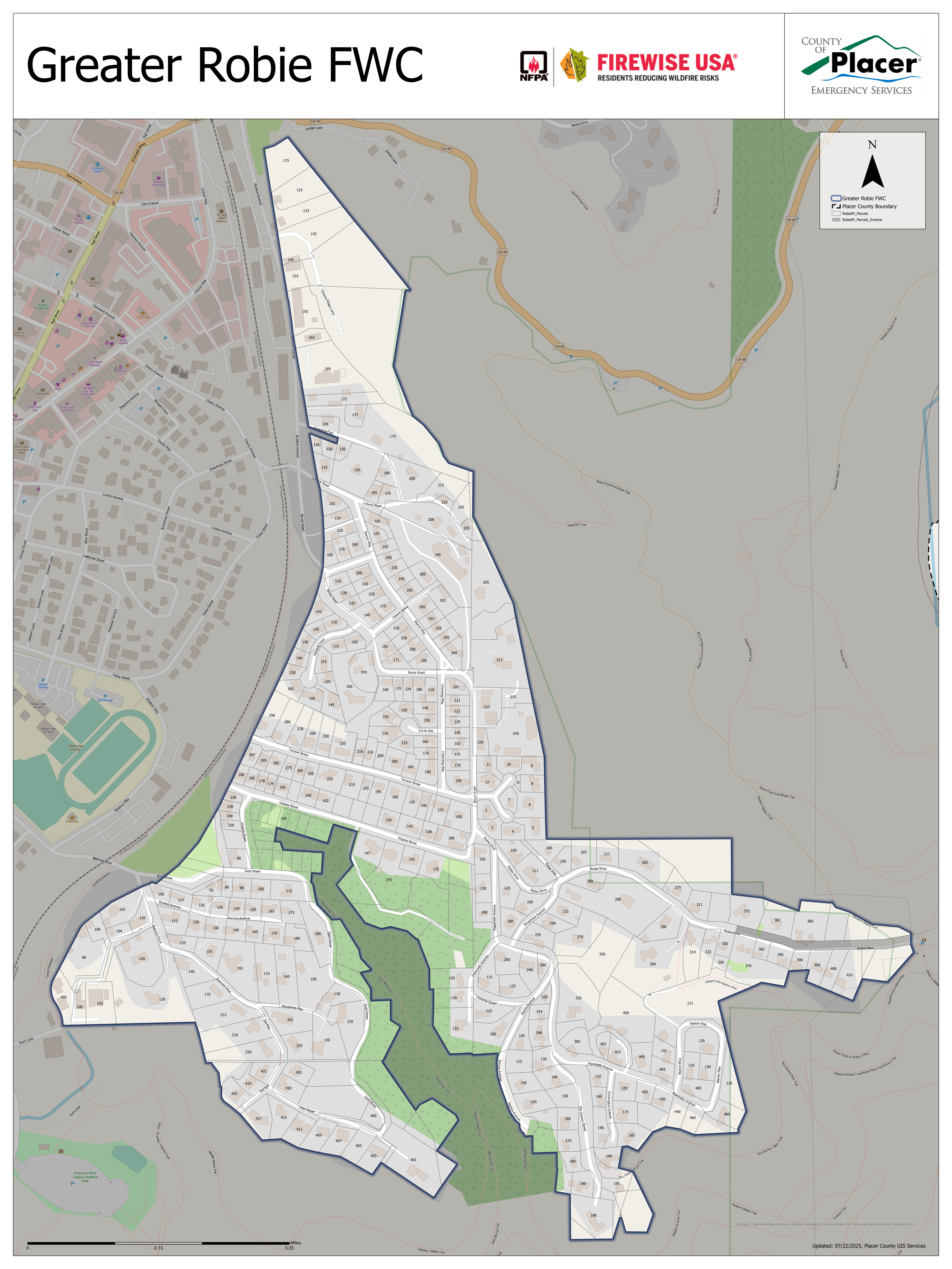 Greater Robie Firewise Community boundary map showing the neighborhood area in Auburn, California with Firewise USA and Placer County Emergency Services branding